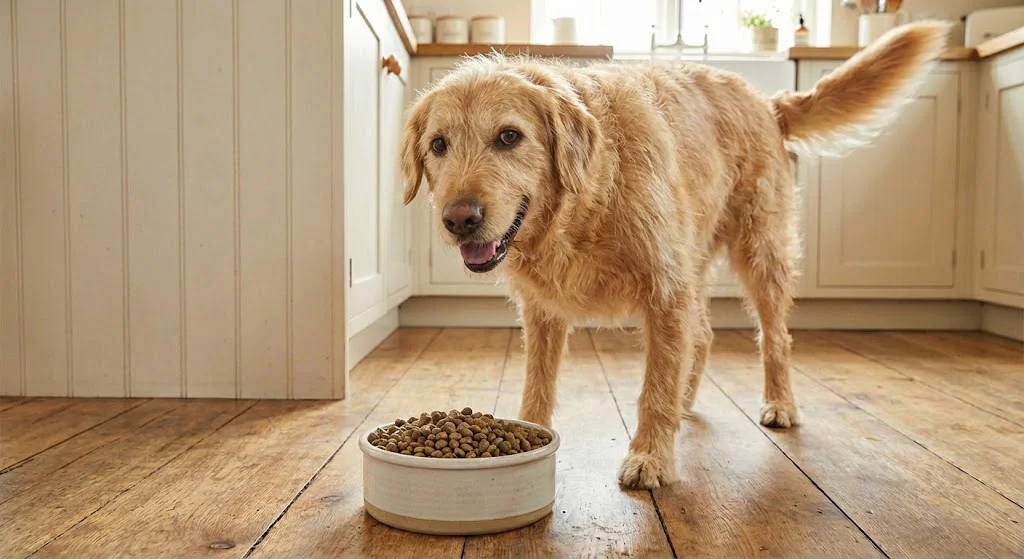 Happy dog eating from bowl with limited ingredient dog food for allergies