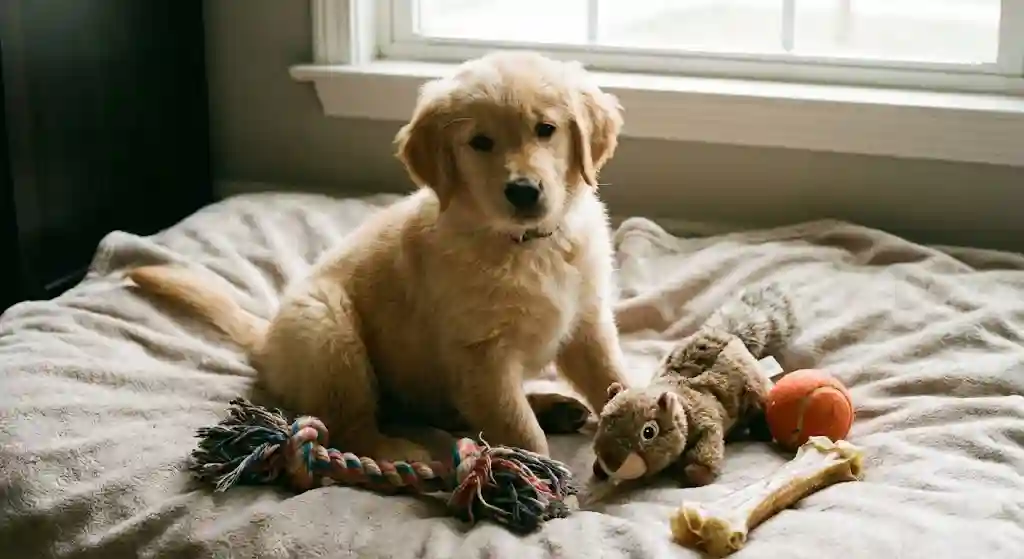Adorable puppy playing with colorful safe toys designed for teething and development