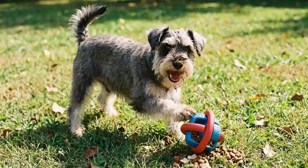 Happy dog playing with interactive puzzle toy filled with treats