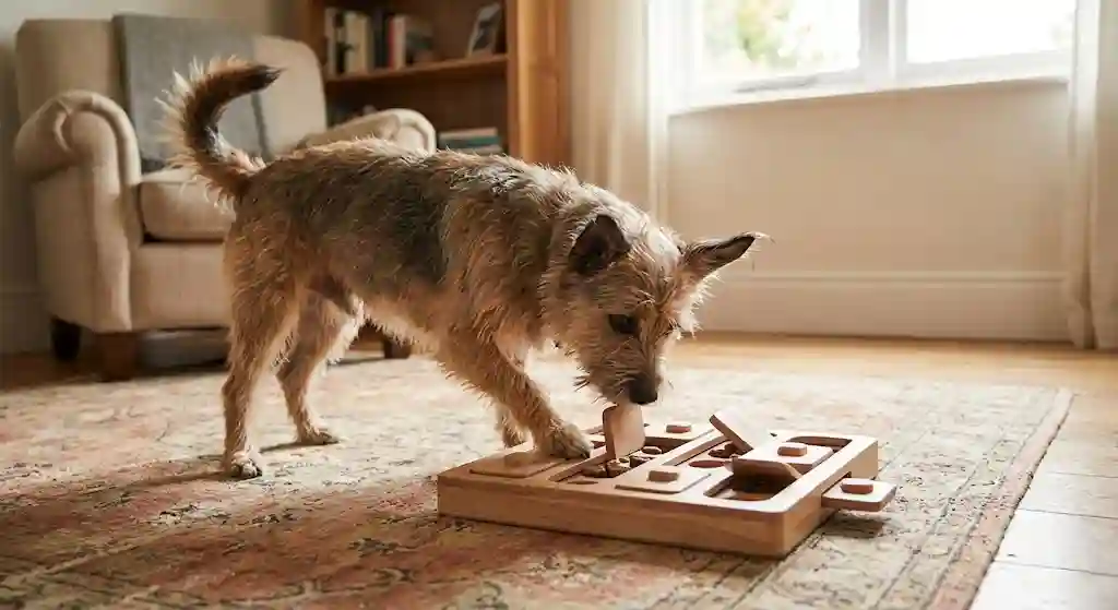 Dog playing with colorful puzzle toy on living room floor