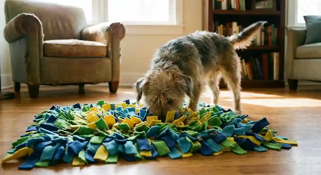 Happy dog using a colorful snuffle mat to find treats