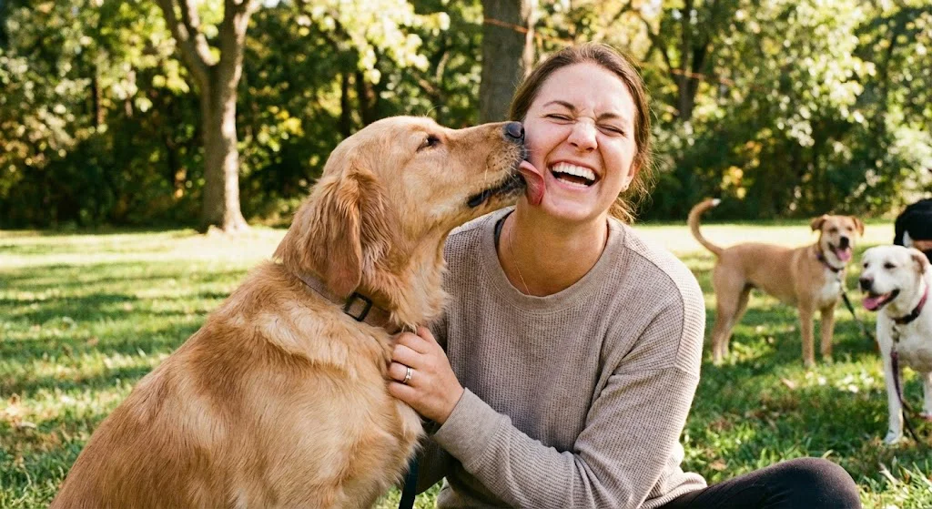 Happy dog licking owner's face showing affection